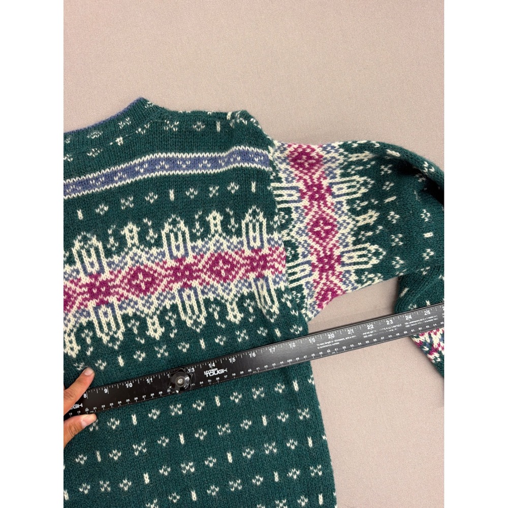 LL Bean Vintage Fair Isle Cardigan Sweater Green Pink Nordic Wool Blend USA Med - Picture 5 of 7